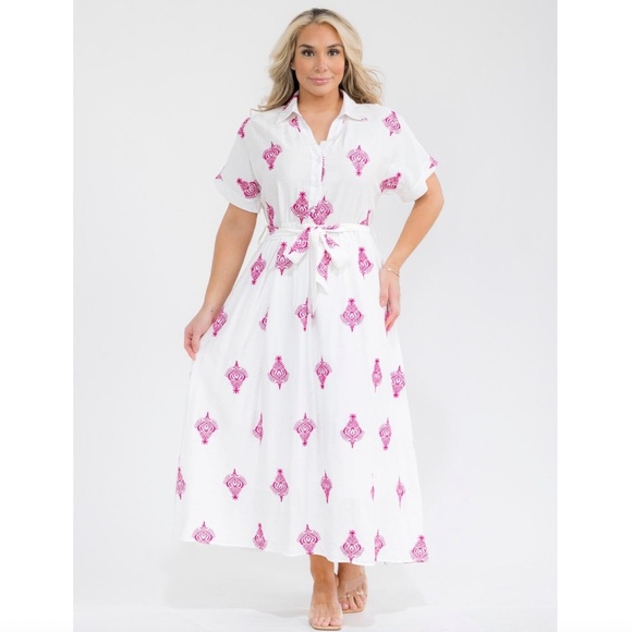 Fashion Space Collection Dresses & Skirts - Embroidery Plus Size Button Up Self Tie Maxi Dress